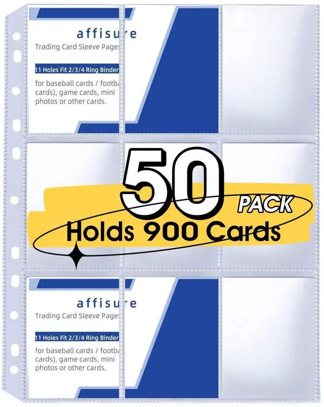 Main image of 9 Pocket Card Sleeves, Holds 900 Cards, Trading Card Binder Sleeves, 3 Ring 9 Pocket Pages for Sports Cards, Coupons, Game Cards, 50 Pack