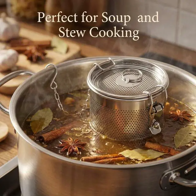 Alt view image 4 of 7 - Stainless Steel Seasoning Filter Basket 10x10cm Mesh Spice Infuser for Soup Pot, Stew, Broth