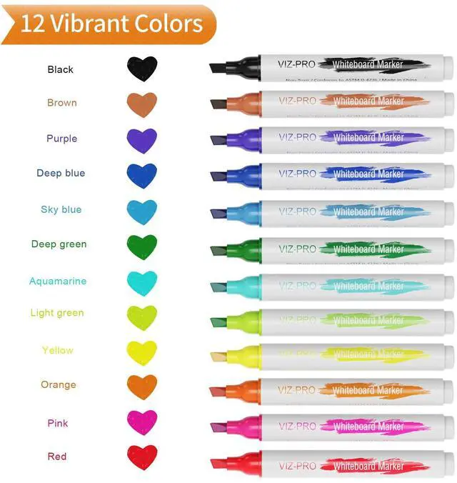Alt view image 3 of 7 - Dry Erase Markers, Chisel Tip, Assorted Colors, 12-Count Low-Odor Whiteboard Pens