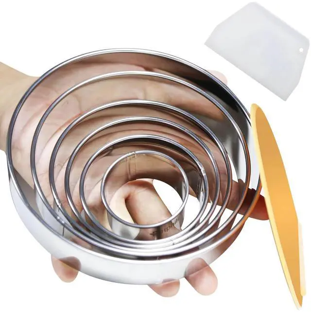 Main image of 8pc Round & Circle Cookie Cutter Set with 2 Scrapers - 6 Stainless Steel Biscuit Cutters (2"-6", 1.18" Deep) - Includes 6" Bench Scraper & Silicone Bowl Scraper - Tools for Pastry, Donuts & Scones