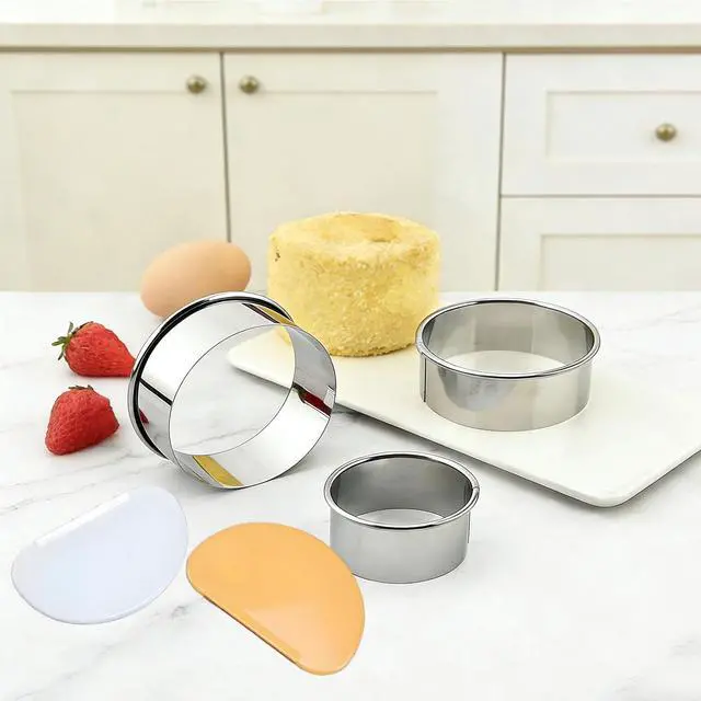 Alt view image 2 of 7 - 8pc Round & Circle Cookie Cutter Set with 2 Scrapers - 6 Stainless Steel Biscuit Cutters (2"-6", 1.18" Deep) - Includes 6" Bench Scraper & Silicone Bowl Scraper - Tools for Pastry, Donuts & Scones