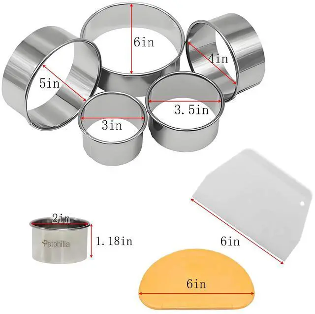 Alt view image 5 of 7 - 8pc Round & Circle Cookie Cutter Set with 2 Scrapers - 6 Stainless Steel Biscuit Cutters (2"-6", 1.18" Deep) - Includes 6" Bench Scraper & Silicone Bowl Scraper - Tools for Pastry, Donuts & Scones