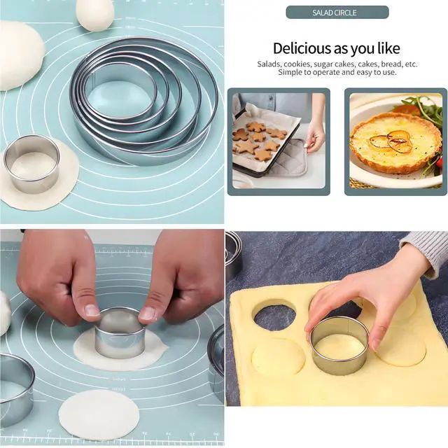 Alt view image 4 of 7 - 8pc Round & Circle Cookie Cutter Set with 2 Scrapers - 6 Stainless Steel Biscuit Cutters (2"-6", 1.18" Deep) - Includes 6" Bench Scraper & Silicone Bowl Scraper - Tools for Pastry, Donuts & Scones
