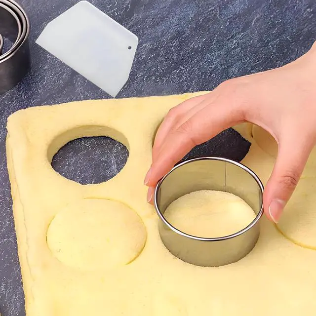 Alt view image 7 of 7 - 8pc Round & Circle Cookie Cutter Set with 2 Scrapers - 6 Stainless Steel Biscuit Cutters (2"-6", 1.18" Deep) - Includes 6" Bench Scraper & Silicone Bowl Scraper - Tools for Pastry, Donuts & Scones