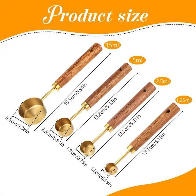 Alt view image 2 of 7 - Gold Measuring Spoons Set of 4, Stainless Steel Coffee Measuring Scoop with Wooden Handles Teaspoon Measuring Cups for Coffee Tea Spices Cooking Baking