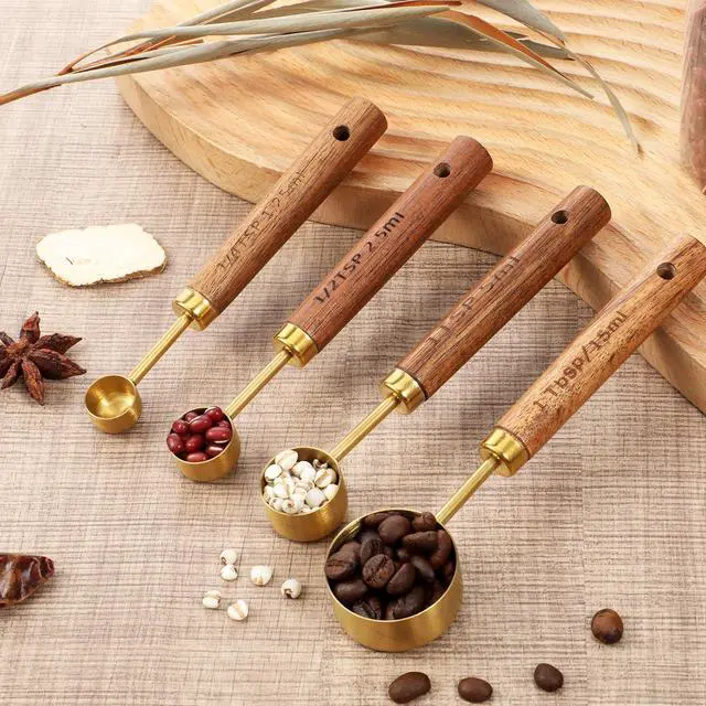 Alt view image 4 of 7 - Gold Measuring Spoons Set of 4, Stainless Steel Coffee Measuring Scoop with Wooden Handles Teaspoon Measuring Cups for Coffee Tea Spices Cooking Baking