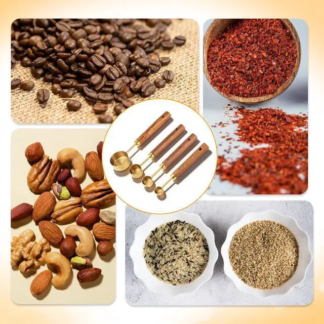 Alt view image 7 of 7 - Gold Measuring Spoons Set of 4, Stainless Steel Coffee Measuring Scoop with Wooden Handles Teaspoon Measuring Cups for Coffee Tea Spices Cooking Baking