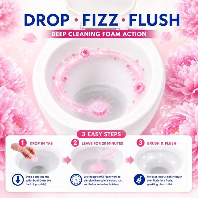 Alt view image 4 of 6 - Toilet Bowl Cleaner Tablets, 8 Count Fizzing Drop In Tabs Remove Limescale, Calcium & Rust No Scrub Foaming Action, Vegan & Cruelty Free, Fresh Peony Scent