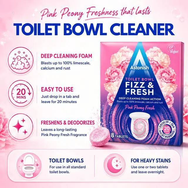 Alt view image 2 of 6 - Toilet Bowl Cleaner Tablets, 8 Count Fizzing Drop In Tabs Remove Limescale, Calcium & Rust No Scrub Foaming Action, Vegan & Cruelty Free, Fresh Peony Scent