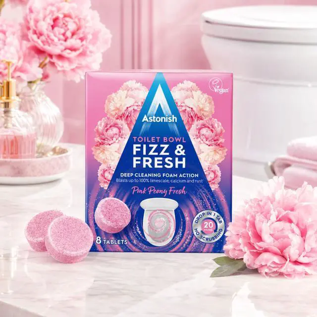 Alt view image 5 of 6 - Toilet Bowl Cleaner Tablets, 8 Count Fizzing Drop In Tabs Remove Limescale, Calcium & Rust No Scrub Foaming Action, Vegan & Cruelty Free, Fresh Peony Scent
