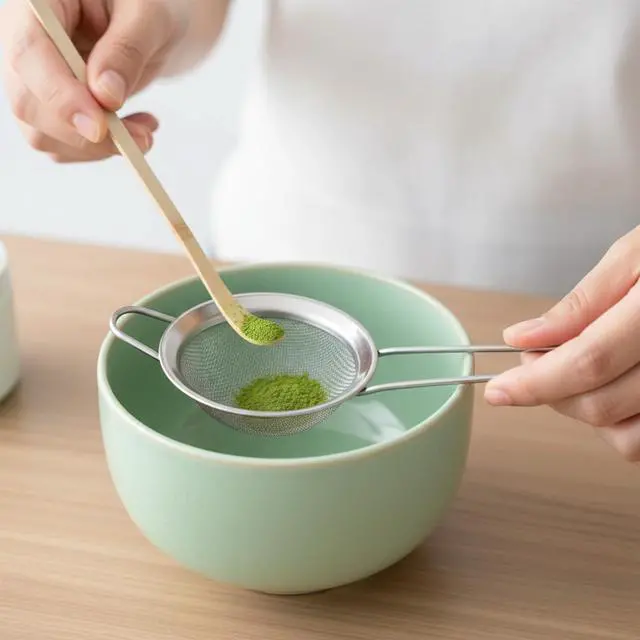 Alt view image 4 of 7 - 3" Matcha Sifter Small Sifter for Matchaa Strainer Small Mesh Strainer Fine Mesh Stainless Steel Tea Strainers, Bamboo Matcha Scoop Spoon Tools for Measuring