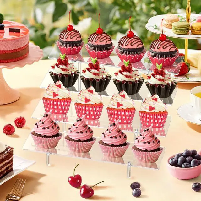 Alt view image 4 of 6 - Acrylic Display Riser Stand Shelf Clear 4 Tier Cupcake Stand Perfume Display Holder Figures Desktop Decoration and Organizer Showcase Toys Retail Display Rack Candy Dessert Buffet