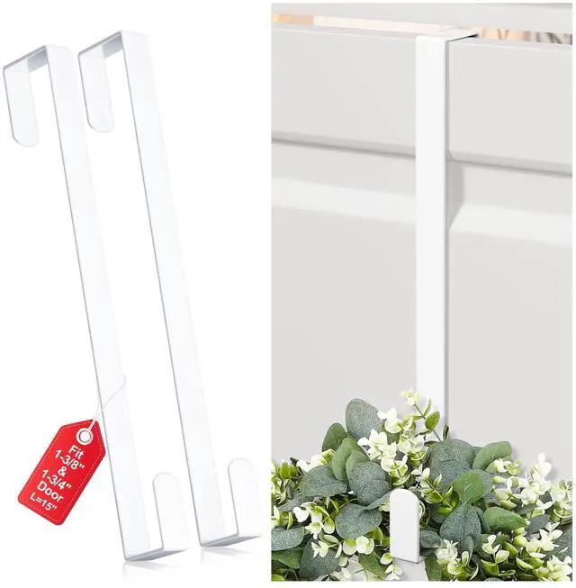 Main image of 15" Reversible Wreath Hangers for Front Door, Fit Most Doors up to 1-3/4", Heavy Duty Steel Over The Door Hooks Hold up to 80 LBS for Spring & Easter Wreaths, Seasonal Door Decor (White 2 Pack)