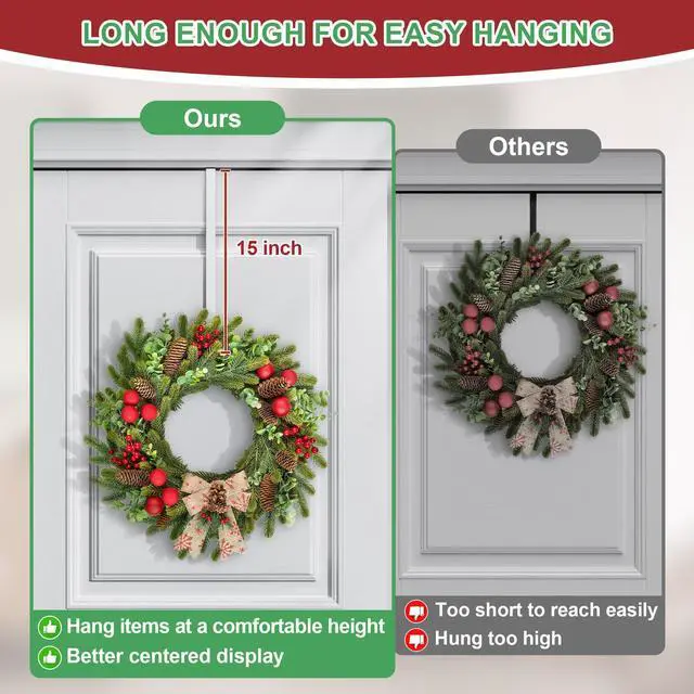Alt view image 4 of 7 - 15" Reversible Wreath Hangers for Front Door, Fit Most Doors up to 1-3/4", Heavy Duty Steel Over The Door Hooks Hold up to 80 LBS for Spring & Easter Wreaths, Seasonal Door Decor (White 2 Pack)