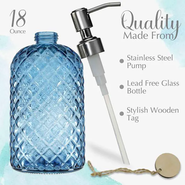 Alt view image 2 of 7 - 18Oz Gem Patterned Glass Soap Dispenser for Kitchen and Bathroom, Refillable with Rust Proof Stainless Steel Pump (Blue)