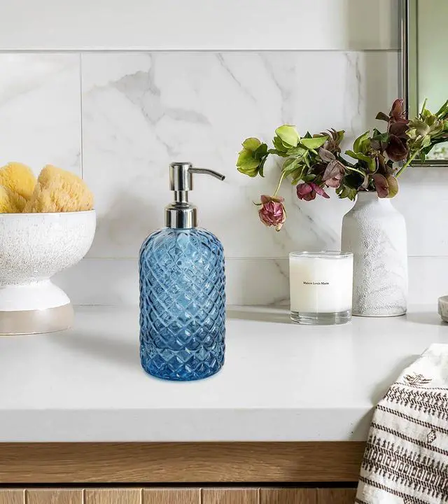 Alt view image 3 of 7 - 18Oz Gem Patterned Glass Soap Dispenser for Kitchen and Bathroom, Refillable with Rust Proof Stainless Steel Pump (Blue)