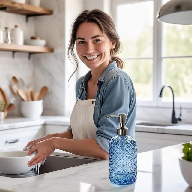 Alt view image 4 of 7 - 18Oz Gem Patterned Glass Soap Dispenser for Kitchen and Bathroom, Refillable with Rust Proof Stainless Steel Pump (Blue)