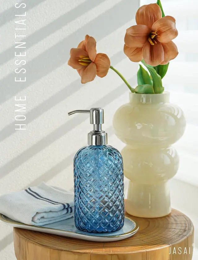 Alt view image 6 of 7 - 18Oz Gem Patterned Glass Soap Dispenser for Kitchen and Bathroom, Refillable with Rust Proof Stainless Steel Pump (Blue)