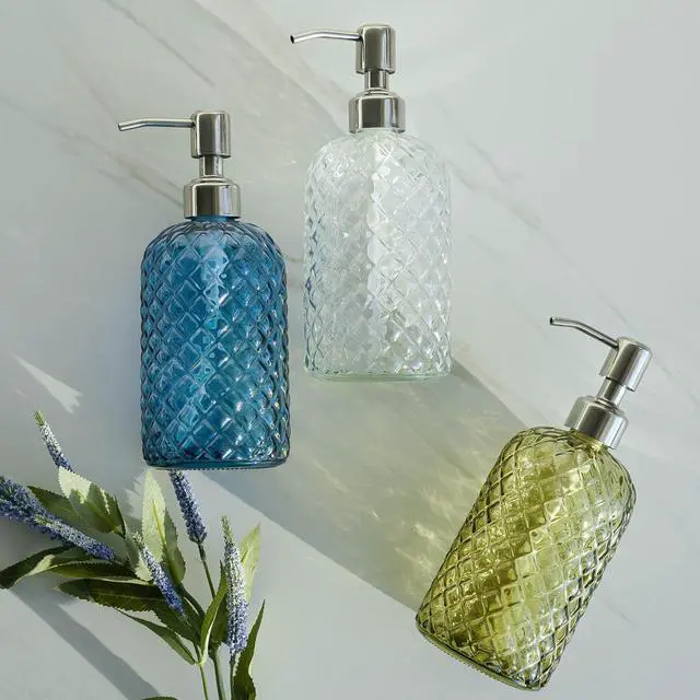 Alt view image 7 of 7 - 18Oz Gem Patterned Glass Soap Dispenser for Kitchen and Bathroom, Refillable with Rust Proof Stainless Steel Pump (Blue)