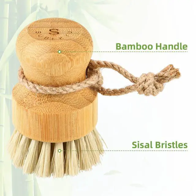 Alt view image 5 of 6 - Bamboo Dish Scrub Brushes for Kitchen, Wooden Cleaning Scrubbers Set for Washing Cast Iron Pan/Pot, Natural Sisal Bristles, Set of 2