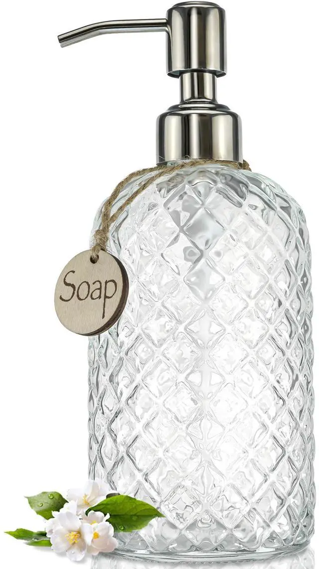 Main image of 18Oz Gem Patterned Clear Glass Soap Dispenser with Rust Proof Pump, Refillable Hand soap Dispenser for Kitchen, Premium Bathroom Soap Dispenser for Dish Soap, Hand soap, Lotion(Clear).