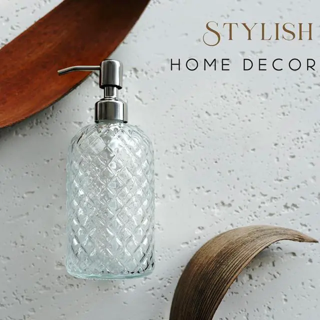 Alt view image 5 of 7 - 18Oz Gem Patterned Clear Glass Soap Dispenser with Rust Proof Pump, Refillable Hand soap Dispenser for Kitchen, Premium Bathroom Soap Dispenser for Dish Soap, Hand soap, Lotion(Clear).