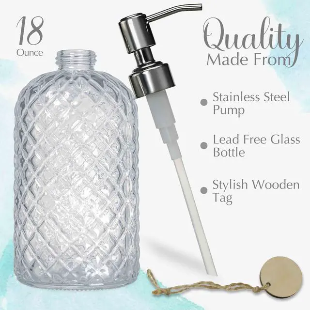 Alt view image 2 of 7 - 18Oz Gem Patterned Clear Glass Soap Dispenser with Rust Proof Pump, Refillable Hand soap Dispenser for Kitchen, Premium Bathroom Soap Dispenser for Dish Soap, Hand soap, Lotion(Clear).