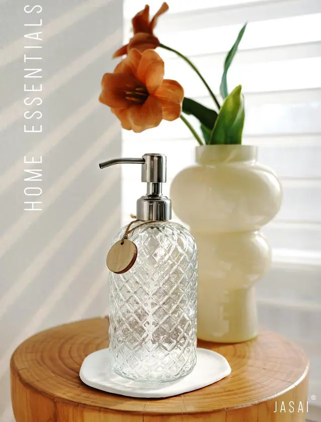Alt view image 6 of 7 - 18Oz Gem Patterned Clear Glass Soap Dispenser with Rust Proof Pump, Refillable Hand soap Dispenser for Kitchen, Premium Bathroom Soap Dispenser for Dish Soap, Hand soap, Lotion(Clear).