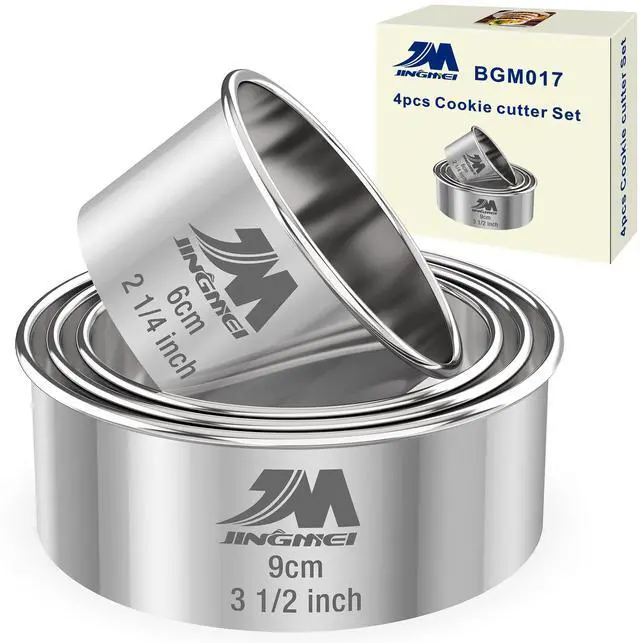 Main image of 4 Pieces Stainless Steel Cookie Cutter Set 2.25inch, 2.75inch, 3.25inch,3.5inch Biscuit Plain Edge Round Cutters Sizes Shape Molds GIFT PACKAGE