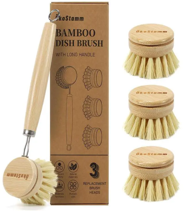 Main image of Bamboo Dish Brush with Long Handle - Natural Dish Scrubber Brush Set Includes 4 Replacement Brush Heads, Sisal Bristle Bamboo Brush for Dishes, Pans, Pot, Fruit and Veggie