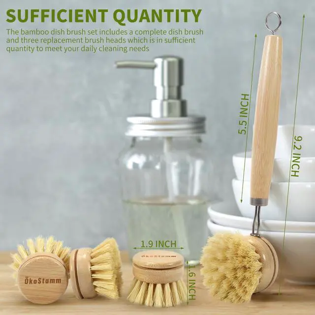 Alt view image 2 of 7 - Bamboo Dish Brush with Long Handle - Natural Dish Scrubber Brush Set Includes 4 Replacement Brush Heads, Sisal Bristle Bamboo Brush for Dishes, Pans, Pot, Fruit and Veggie