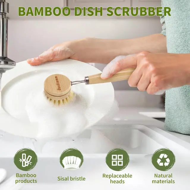 Alt view image 3 of 7 - Bamboo Dish Brush with Long Handle - Natural Dish Scrubber Brush Set Includes 4 Replacement Brush Heads, Sisal Bristle Bamboo Brush for Dishes, Pans, Pot, Fruit and Veggie