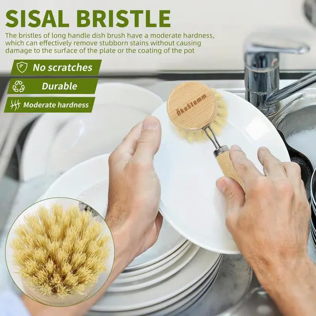 Alt view image 4 of 7 - Bamboo Dish Brush with Long Handle - Natural Dish Scrubber Brush Set Includes 4 Replacement Brush Heads, Sisal Bristle Bamboo Brush for Dishes, Pans, Pot, Fruit and Veggie