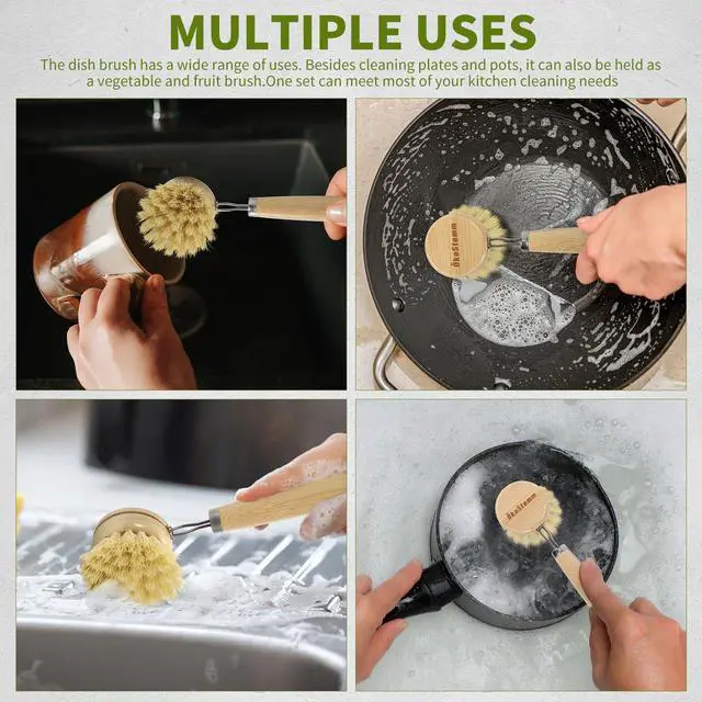 Alt view image 5 of 7 - Bamboo Dish Brush with Long Handle - Natural Dish Scrubber Brush Set Includes 4 Replacement Brush Heads, Sisal Bristle Bamboo Brush for Dishes, Pans, Pot, Fruit and Veggie