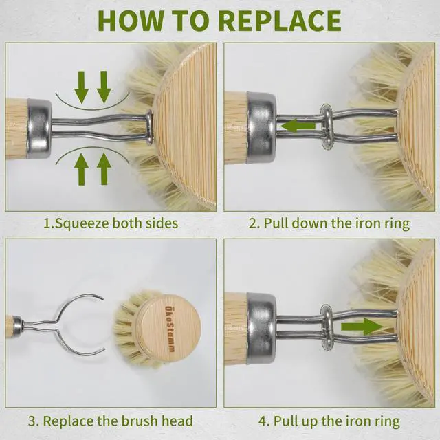 Alt view image 6 of 7 - Bamboo Dish Brush with Long Handle - Natural Dish Scrubber Brush Set Includes 4 Replacement Brush Heads, Sisal Bristle Bamboo Brush for Dishes, Pans, Pot, Fruit and Veggie
