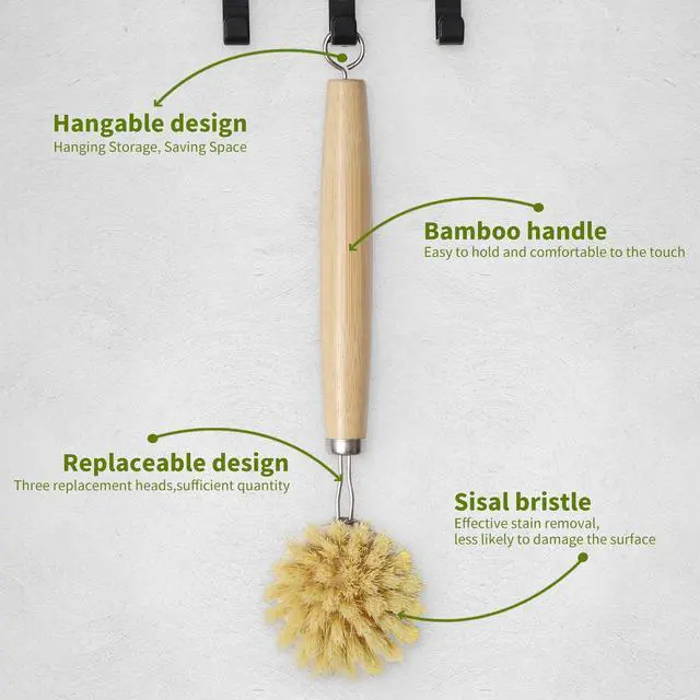 Alt view image 7 of 7 - Bamboo Dish Brush with Long Handle - Natural Dish Scrubber Brush Set Includes 4 Replacement Brush Heads, Sisal Bristle Bamboo Brush for Dishes, Pans, Pot, Fruit and Veggie