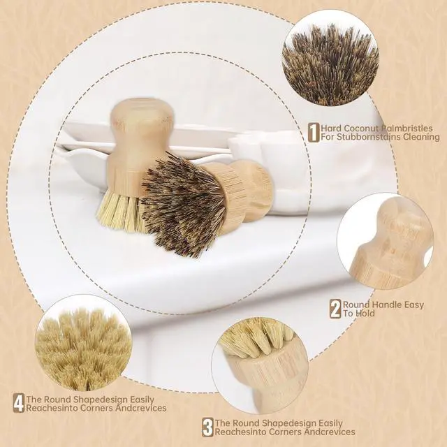 Alt view image 6 of 7 - 2-Pack Bamboo Dish Brush Natural Dish Scrub Brush with Sisal & Palm Bristles for Non-Stick Pans, Pots, Vegetables, and Kitchen Cleaning
