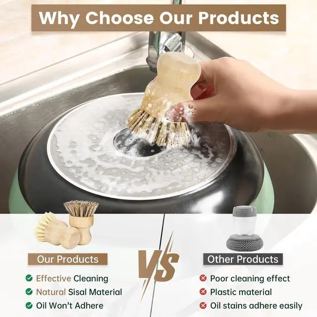 Alt view image 3 of 7 - 2-Pack Bamboo Dish Brush Natural Dish Scrub Brush with Sisal & Palm Bristles for Non-Stick Pans, Pots, Vegetables, and Kitchen Cleaning