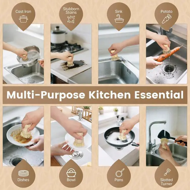 Alt view image 7 of 7 - 2-Pack Bamboo Dish Brush Natural Dish Scrub Brush with Sisal & Palm Bristles for Non-Stick Pans, Pots, Vegetables, and Kitchen Cleaning