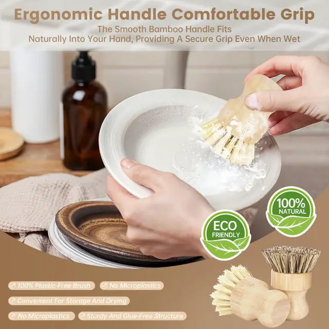 Alt view image 4 of 7 - 2-Pack Bamboo Dish Brush Natural Dish Scrub Brush with Sisal & Palm Bristles for Non-Stick Pans, Pots, Vegetables, and Kitchen Cleaning