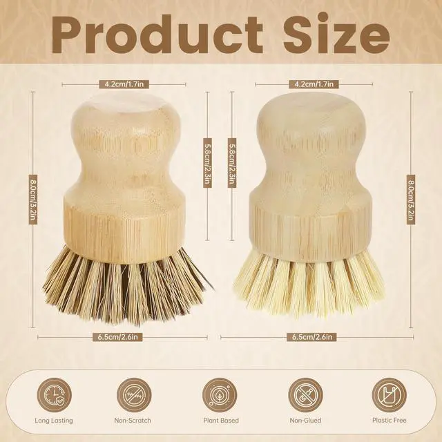 Alt view image 2 of 7 - 2-Pack Bamboo Dish Brush Natural Dish Scrub Brush with Sisal & Palm Bristles for Non-Stick Pans, Pots, Vegetables, and Kitchen Cleaning