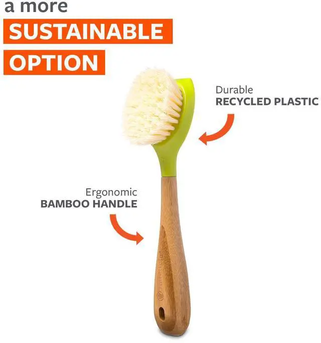 Alt view image 2 of 6 - Daily Dish Brush-Bamboo Handle Dish BrushSustainable Kitchen Cleaning with Tough Bristles-Natural Dish Scrubber, Nonstick & Cast Iron Cleaner-Long Handle Brush for Dishes, Pots, and Pans