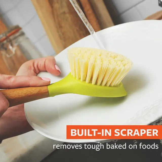 Alt view image 3 of 6 - Daily Dish Brush-Bamboo Handle Dish BrushSustainable Kitchen Cleaning with Tough Bristles-Natural Dish Scrubber, Nonstick & Cast Iron Cleaner-Long Handle Brush for Dishes, Pots, and Pans