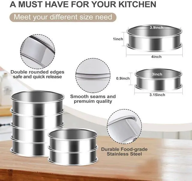 Alt view image 4 of 7 - 8Pcs Crumpet Rings, 4 & 3.15 Inches Nonstick English Muffin Rings, Stainless Steel Double Rolled Tart Ring, Round Metal Pastry Ring Molds for Baking Cake Dessert Food Making Tool