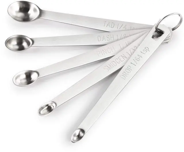 Main image of 42924 Stainless Steel Mini Measuring Spoons Set, 5-Piece Small Metal Measuring Spoon Set for Spices, Baking, Cooking, Dash, Pinch, Smidgen, Drop, Tad, Silver