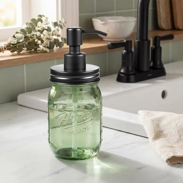 Alt view image 2 of 7 - 16OZ Green Glass Mason Jar Liquid Soap Dispenser, Metal Pump Lid, Regular Mouth Refillable Countertop Soap Dispenser For Bathroom Kitchen, Hand Soap/Dish Soap/Lotion Soap/Shampoo, Black 1Pack