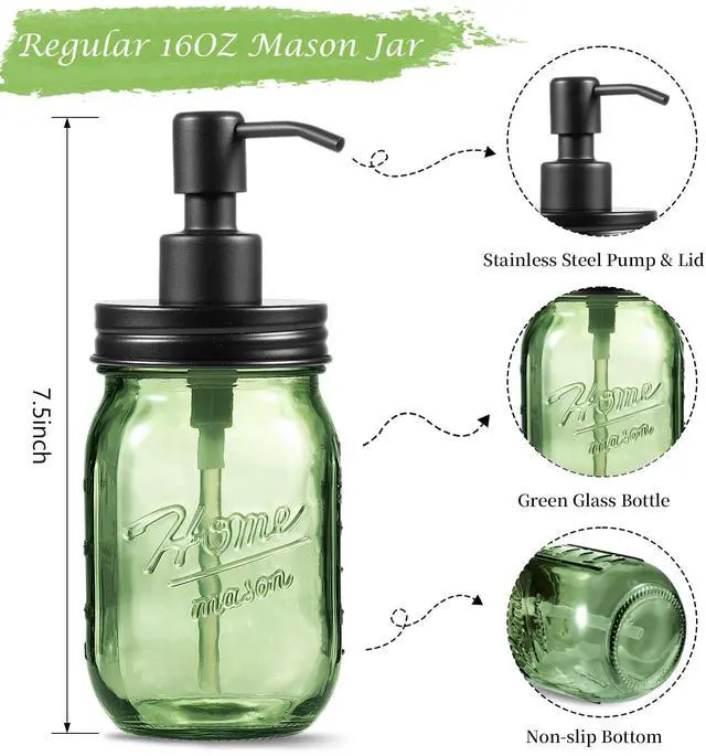 Alt view image 4 of 7 - 16OZ Green Glass Mason Jar Liquid Soap Dispenser, Metal Pump Lid, Regular Mouth Refillable Countertop Soap Dispenser For Bathroom Kitchen, Hand Soap/Dish Soap/Lotion Soap/Shampoo, Black 1Pack