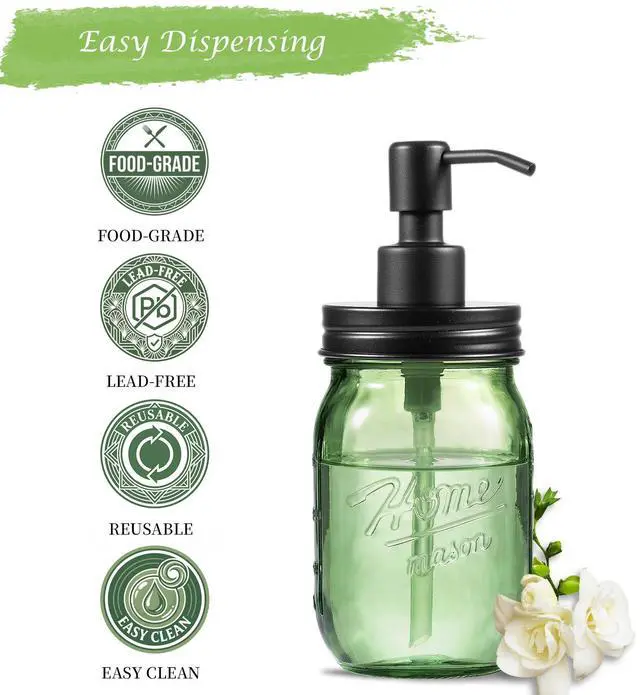 Alt view image 5 of 7 - 16OZ Green Glass Mason Jar Liquid Soap Dispenser, Metal Pump Lid, Regular Mouth Refillable Countertop Soap Dispenser For Bathroom Kitchen, Hand Soap/Dish Soap/Lotion Soap/Shampoo, Black 1Pack