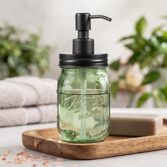 Alt view image 3 of 7 - 16OZ Green Glass Mason Jar Liquid Soap Dispenser, Metal Pump Lid, Regular Mouth Refillable Countertop Soap Dispenser For Bathroom Kitchen, Hand Soap/Dish Soap/Lotion Soap/Shampoo, Black 1Pack