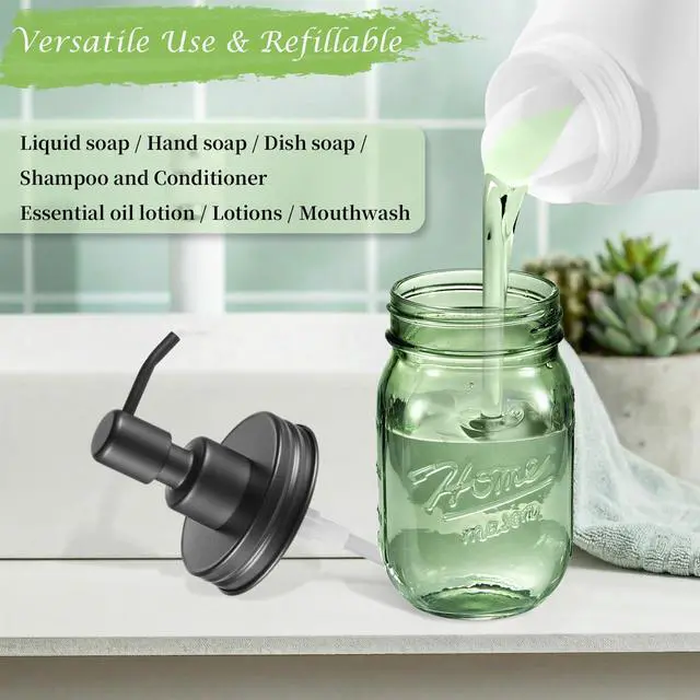 Alt view image 7 of 7 - 16OZ Green Glass Mason Jar Liquid Soap Dispenser, Metal Pump Lid, Regular Mouth Refillable Countertop Soap Dispenser For Bathroom Kitchen, Hand Soap/Dish Soap/Lotion Soap/Shampoo, Black 1Pack